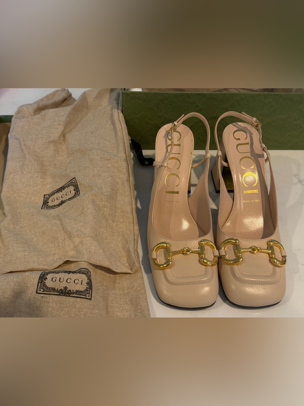 Authentic Gucci Pale Pink Leather Slingback Pumps with Gold Horsebit